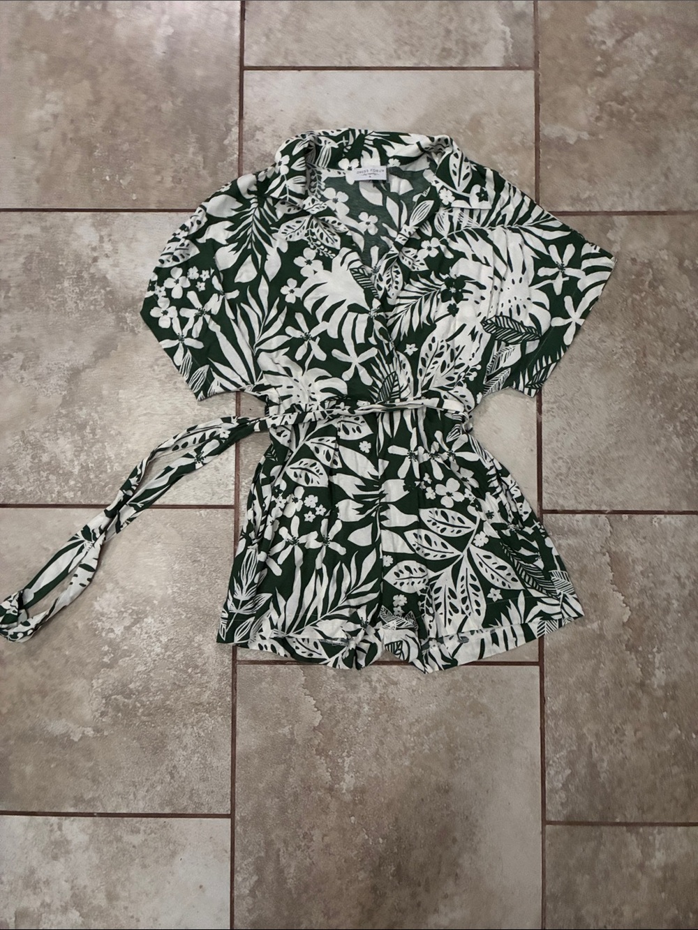 Dress Forum Green & White Tropical Tie-Waist Romper